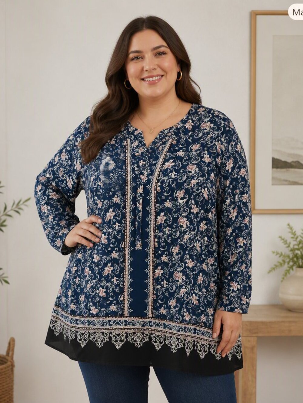 Cato Navy Blue Floral Long-Sleeve V-Neck Tunic with Pink Accents In EUC